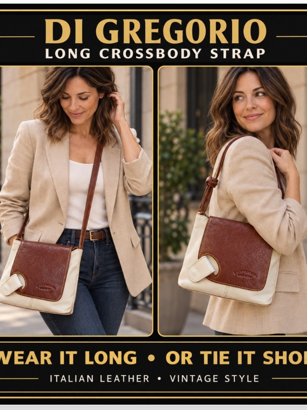 Di Gregorio Vintage Italian Leather Ivory Cognac Crossbody Bag GUC 2000s